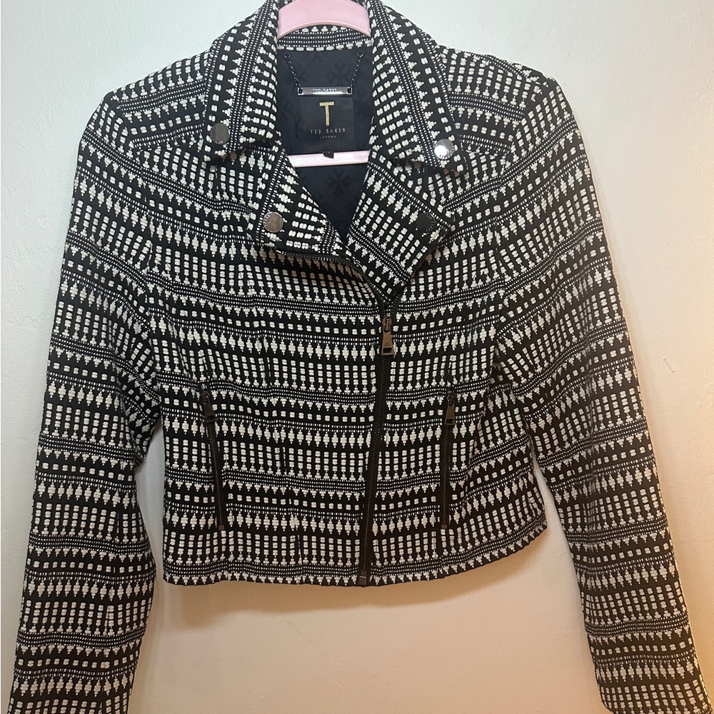 Ted Baker Black and White Patterned Cropped Moto Blazer